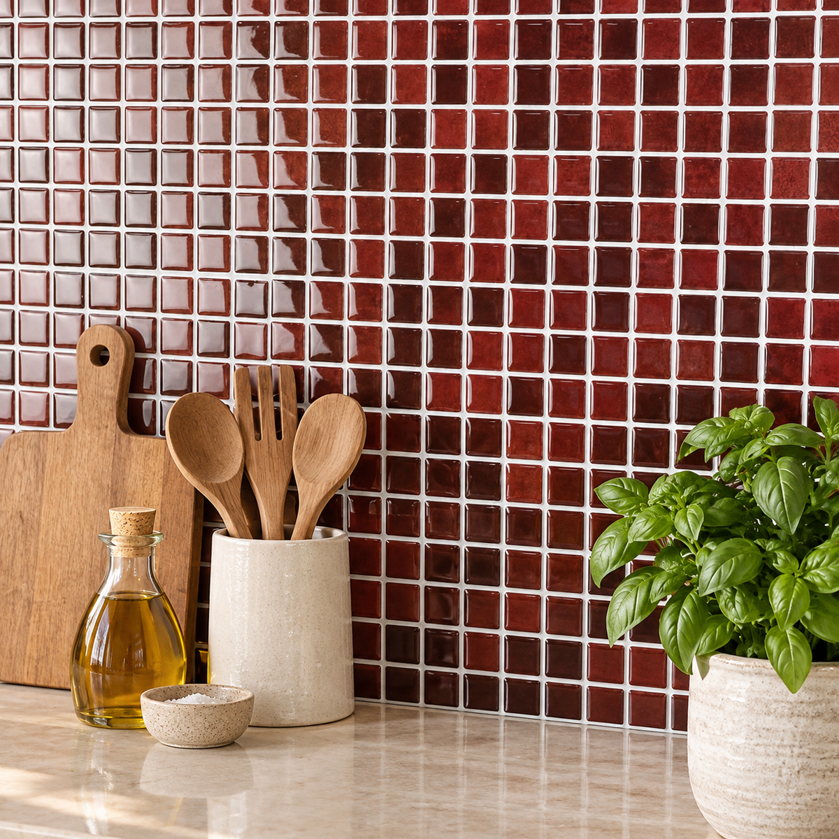 PALERME – Rouge Bordeaux – Mosaïque adhésive 23,6 × 23,6 cm